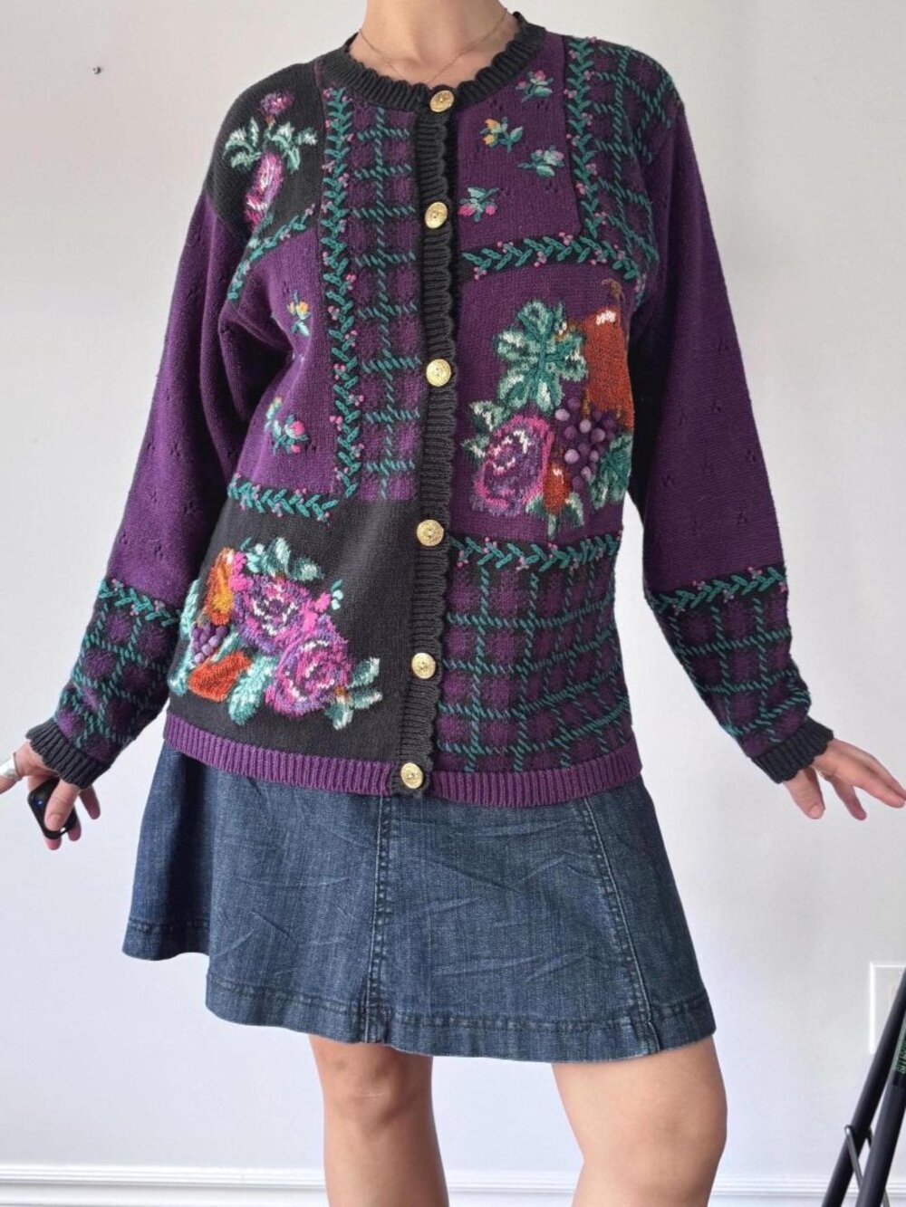 90s vintage floral grape winery hand embroidered knit grandma cardigan sweater